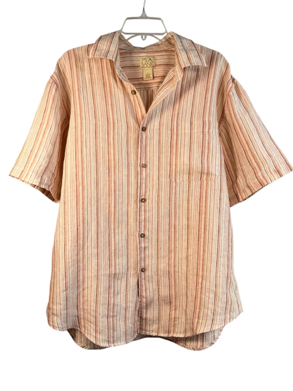 JoS A. Bank Men's Short-Sleeve Orange & Cream Striped Linen Button-Up Shirt Sz L